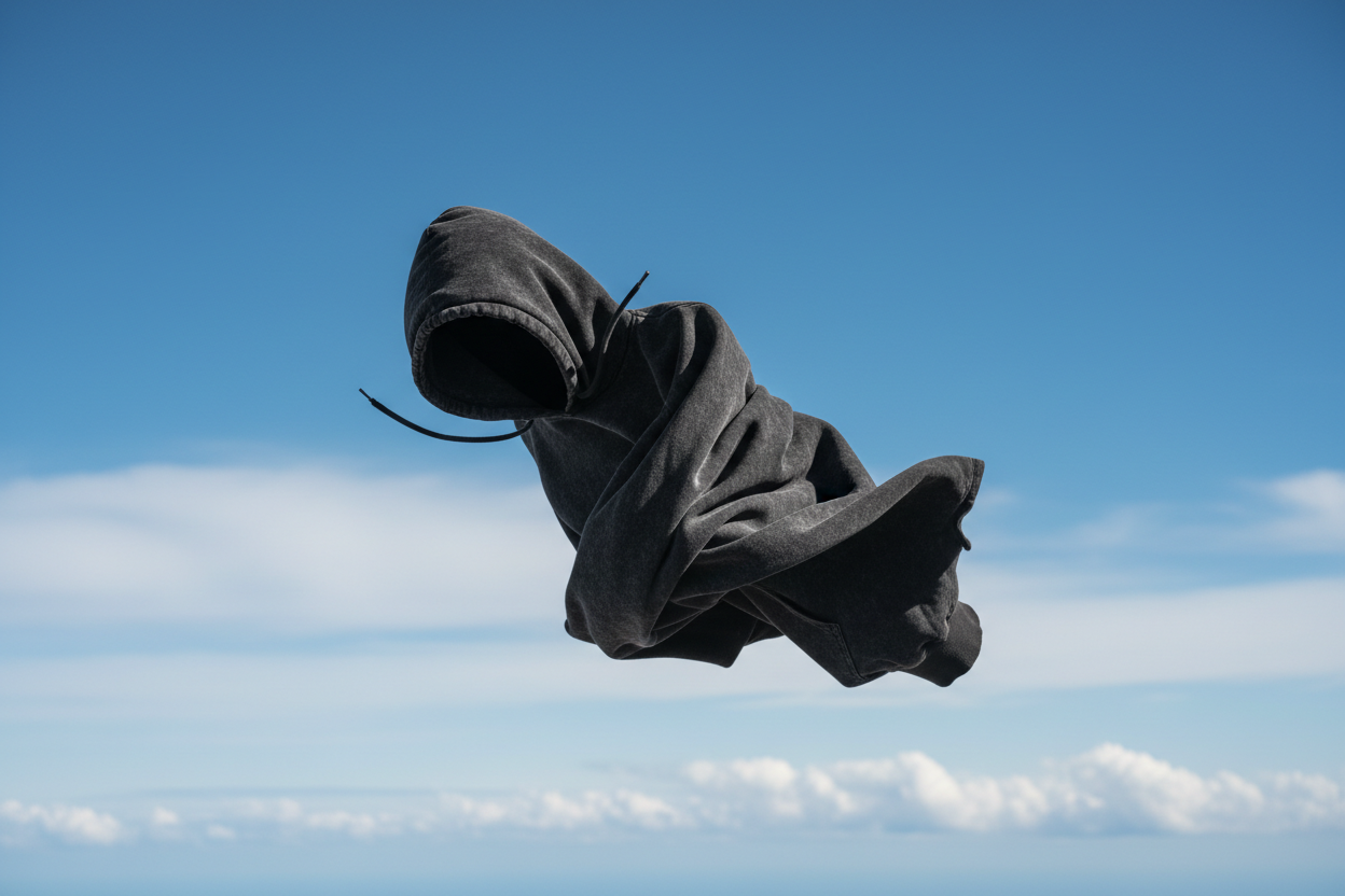 a stonewash black hoodie flying in a blue open sky